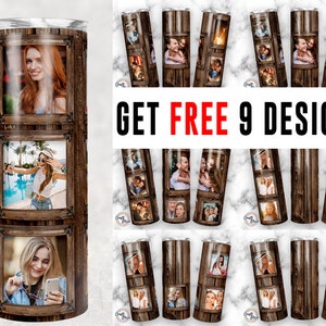 9 Wood Grain Tumbler png,  Photo Tumbler Template Png, Photo Collage Tumbler, Woodgrain tumbler, Personalized gifts, 20oz Skinny Sublimation