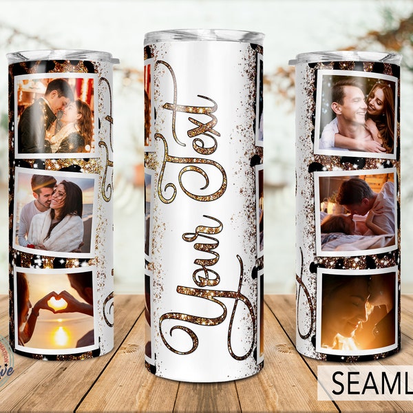 6 Family Heart Photo Collage Tumbler Template, Glitter Leopard Picture Family Frame, Wedding Birthday Gift 20oz Skinny Png Sublimation