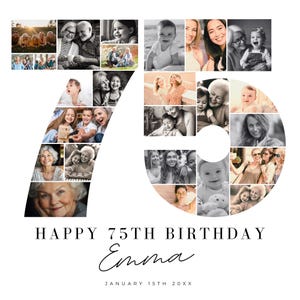 Modèle de plaque de bienvenue pour collage photo de 75 anniversaires, collage de photos de numéros, cadeau d'anniversaire de look, chronologie des jalons, panneau de bienvenue