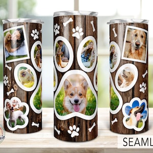Marco de fotos de pata de perro Vaso de grano de madera, Vaso de piel mamá, Sublimación de mamá de perro 20oz, regalo amante del perro, envoltura de vaso de imagen, regalo para ella.