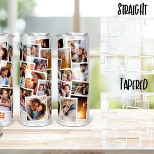Pu&ograve; includere: Un bicchiere bianco con un collage di foto di famiglia. Il bicchiere ha uno sfondo di assi di legno e il testo "Crafts Drive" e "Perfect Sublimation Design by Palow". Disponibile in modelli dritti e affusolati.
