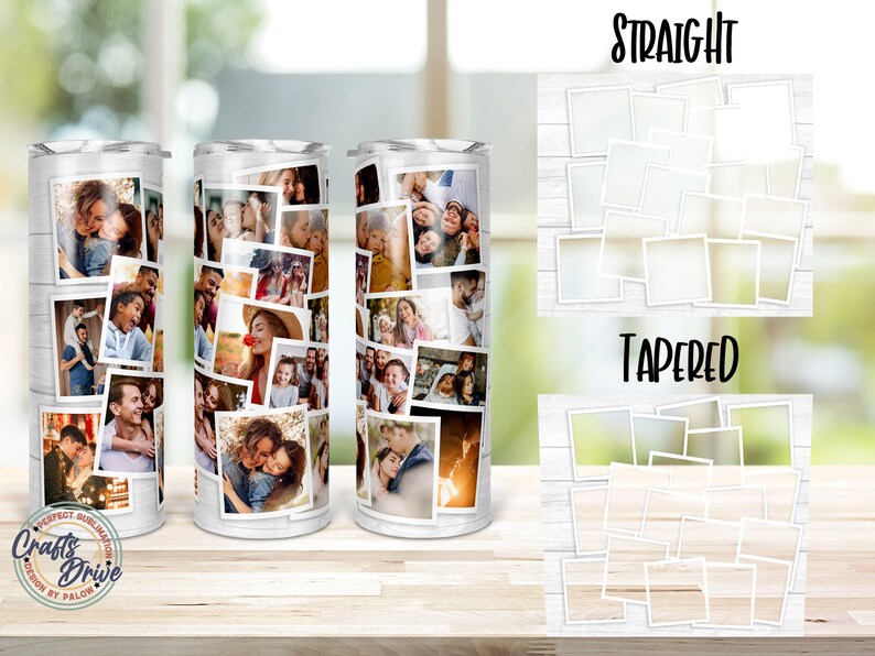 Pu&ograve; includere: Un bicchiere bianco con un collage di foto di famiglia. Il bicchiere ha uno sfondo di assi di legno e il testo "Crafts Drive" e "Perfect Sublimation Design by Palow". Disponibile in modelli dritti e affusolati.