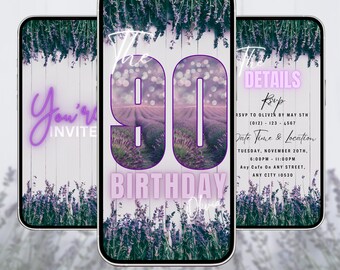 90th Birthday Video Invitation Lavender FLOWERS For Women, 90th Ecard, Animated 90th Birthday Invitation, Birthday Party, invitation canva