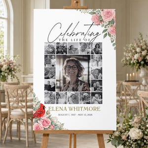 Puede incluir: Un cartel conmemorativo en un caballete con el texto Celebrating the life of, el nombre ELENA WHITMORE y las fechas August 7, 1937 - May 15, 2026. El diseño incluye un collage de retratos en blanco y negro, rosas rosadas y un cardenal rojo.