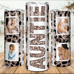 Gobelet tante, modèle de gobelet pour collage photo, cadre familial photo léopard scintillant, cadeau d'anniversaire de mariage 20 oz, sublimation fine.