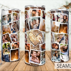 Plantilla de vaso con brillo de foto de corazón de 21 imágenes, collage de fotos, vaso delgado de sublimación png de 20 oz.