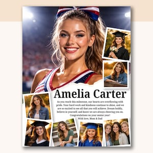 Può includere: Un poster di annuncio di laurea con un grande ritratto di una cheerleader con un fiocco rosso, bianco e blu, circondato da sei foto più piccole della stessa persona in abiti da laurea e casual, con il testo Amelia Carter.