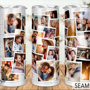 Pu&ograve; includere: Un bicchiere in acciaio inossidabile con un collage di foto di famiglia in cornici bianche su uno sfondo chiaro effetto legno. Il bicchiere ha un coperchio argentato e le parole "Crafts Drive" e "Seamless" sono visibili.