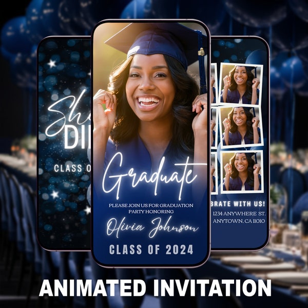 Navy Blue Grad Party Digital Invite, Grad Party Invitation Video Canva, Graduation Invitation, Digital Grad Party Invite, invitation canva