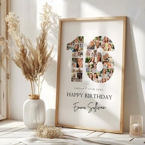Modèle de plaque de bienvenue pour collage photo de 16 anniversaires, collage photo numéro 16, cadeau d'anniversaire, chronologie des jalons d'anniversaire, panneau de bienvenue