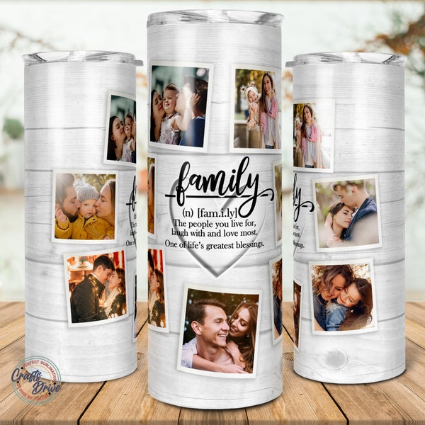 7 Family Definition Heart Photo Collage Tumbler Template, Picture Family Frame tumbler, Wedding Birthday Gift, 20oz Skinny Png Sublimation