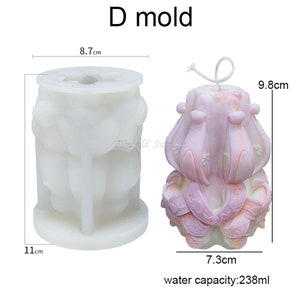 May include: White silicone candle mold with a detailed floral design. The mold is 8.7 inches in diameter and 11 inches tall. The finished candle is 7.3 inches tall and 9.8 inches wide. The mold has a water capacity of 238 ml.