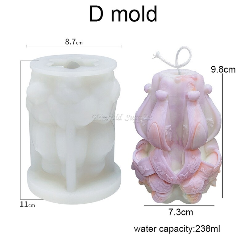 May include: White silicone candle mold with a detailed floral design. The mold is 8.7 inches in diameter and 11 inches tall. The finished candle is 7.3 inches tall and 9.8 inches wide. The mold has a water capacity of 238 ml.