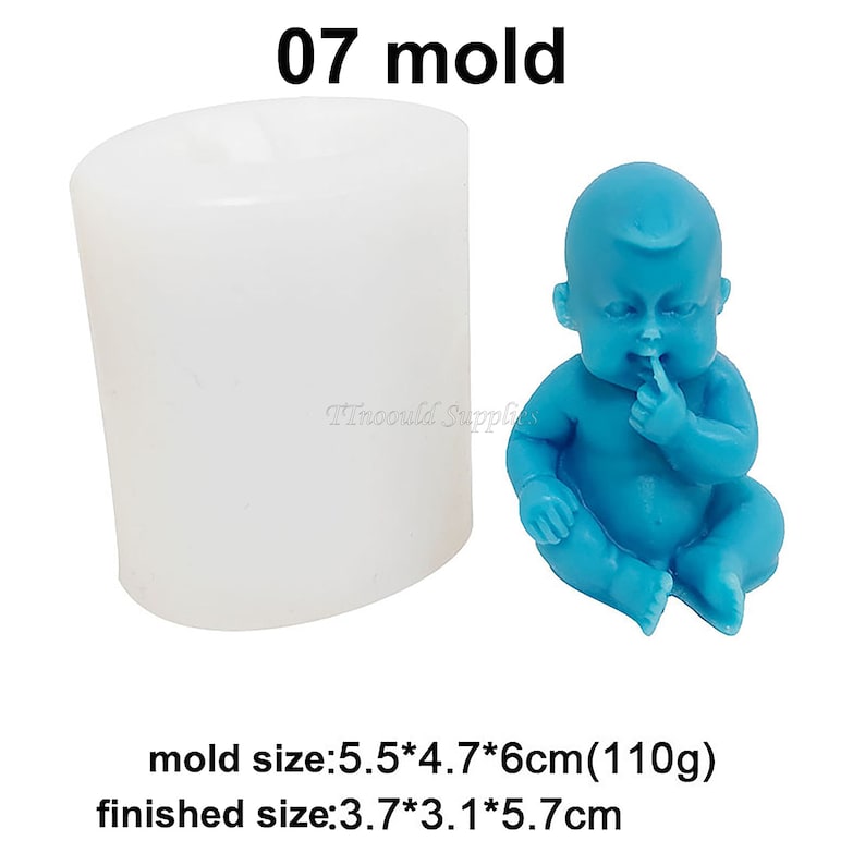 May include: A white silicone mould for making a baby figurine. The mould is cylindrical and measures 5.5 cm by 4.7 cm by 6 cm. The finished figurine will measure 3.7 cm by 3.1 cm by 5.7 cm.