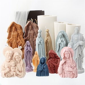 May include: A set of 12 religious candle molds featuring various figures of saints, including the Virgin Mary, Jesus, and other holy figures. The molds are made of silicone and are designed to create detailed and realistic candles.