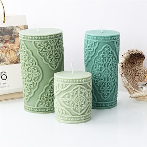 Vintage Floral Totem Cylinder Candle Silicone Mold DIY Creative Embossed Lace Pillar Candle Plaster Making Supplies  Mould