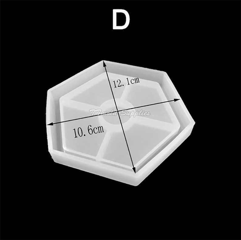 May include: White hexagonal silicone mold with a 12.1 cm diameter and 10.6 cm side length. The mold is designed for creating resin crafts.