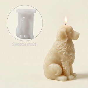 May include: A beige dog-shaped candle with a lit wick. The candle is detailed with fur-like textures. A silicone mold of the dog is shown in a circle with the text "Silicone mold".