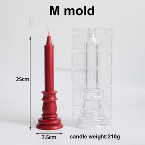 May include: A red pillar candle with a base and a clear plastic mold for making candles. The candle is 25 inches tall and 7.5 inches wide. The candle weighs 210 grams. The mold is labeled "M mold".