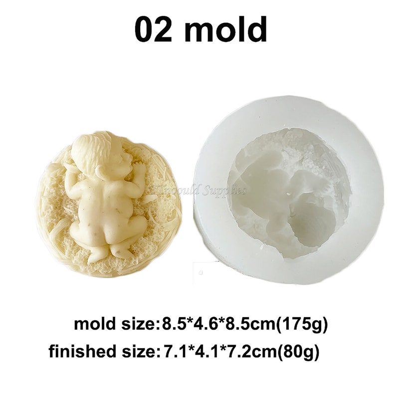 May include: A white silicone mould for making a baby figurine. The mould is 8.5 cm by 4.6 cm by 8.5 cm and weighs 175 grams. The finished product is 7.1 cm by 4.1 cm by 7.2 cm and weighs 80 grams.