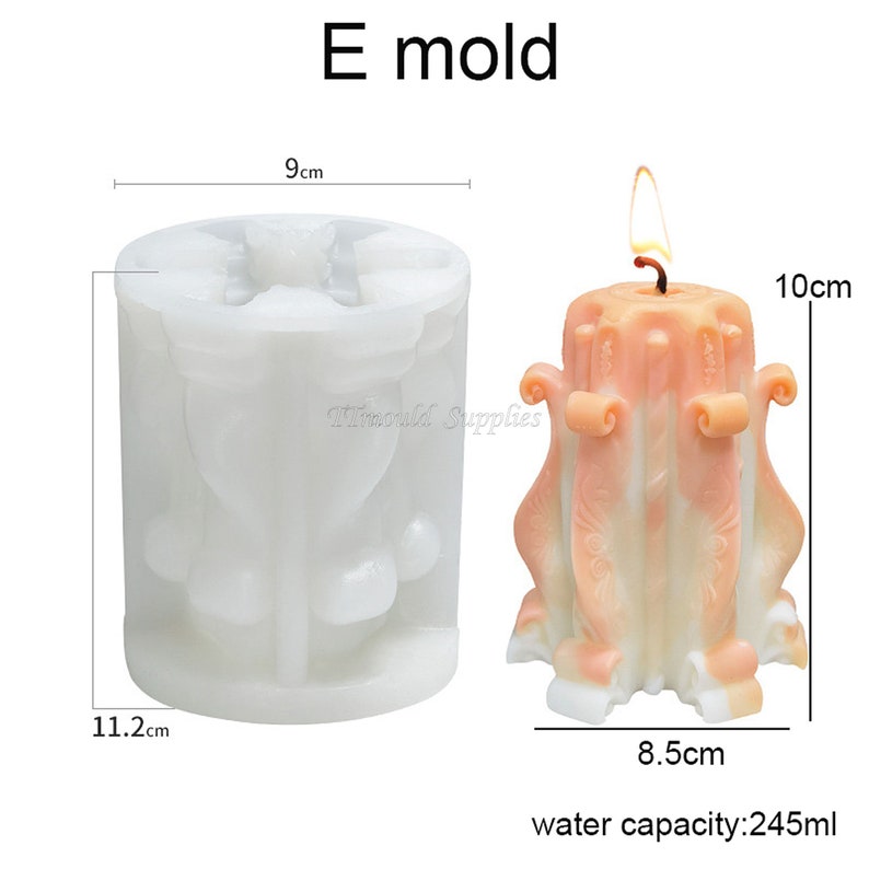 May include: A white silicone candle mold with four cavities, each shaped like a decorative candle with a fluted design. The mold is 9 inches wide and 11.2 inches tall. A finished candle is shown next to the mold, measuring 8.5 inches wide and 10 inches tall. The candle is a light peach color with a white wick. The text "E mold" is printed above the image. The text "water capacity: 245ml" is printed below the image.