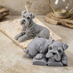 Könnte beinhalten: Zwei graue Wachskerzen in Form von Schnauzer-Hunden. Eine Kerze zeigt einen aufrecht sitzenden Hund, die andere einen liegenden Hund, der seinen Kopf auf ein offenes Buch stützt. Beide Kerzen haben detaillierte Fellstrukturen und weiße Dochte.