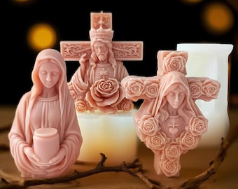 Molde de silicona para velas con forma de cruz de Jesús, María y Rosa: adornos artesanales de santos cristianos DIY