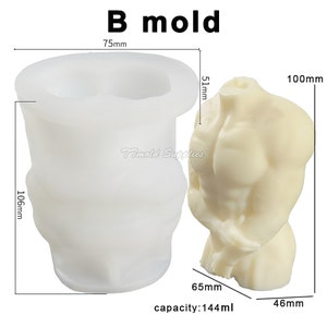 Op de afbeelding: Een witte siliconen mal voor het maken van een torso-beeld. De mal is 7,5 cm breed, 10,6 cm hoog en 10,6 cm diep. De mal heeft een capaciteit van 144 ml. De mal wordt getoond naast een wit torso-beeld.