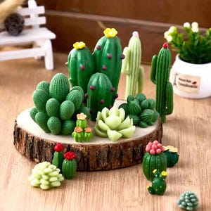 May include: A collection of miniature green and yellow succulent plants on a wooden slice. The succulents are arranged in a variety of shapes and sizes, and some have small red flowers.