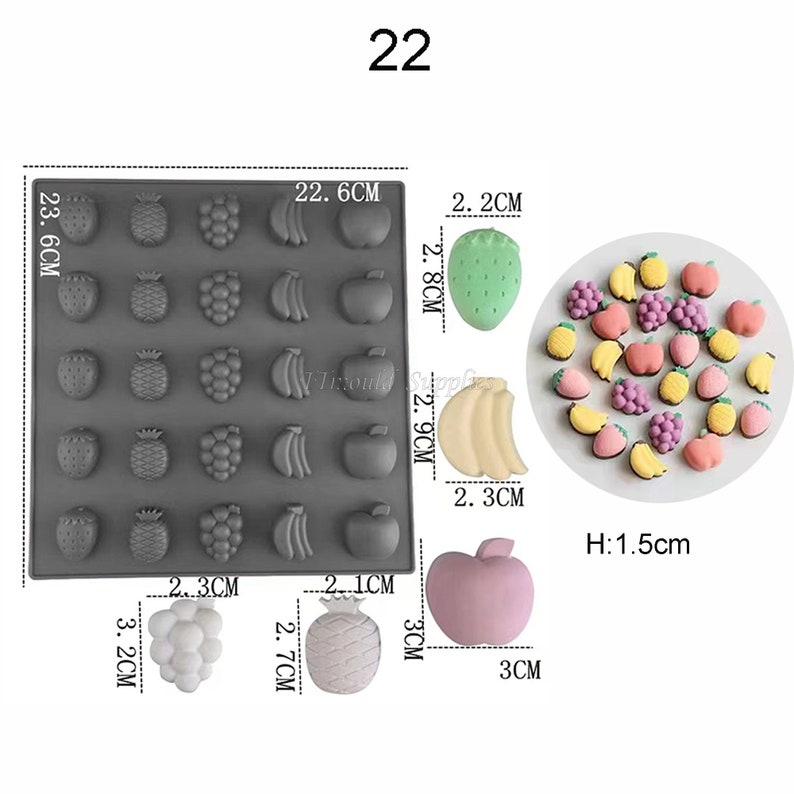 Thaïlande Luk Chup Mung Bean Cake Silicone Mold, Luk Choop Chocolate Fudge Mold, Légumes et fruits Aliments cuits au four moisissure de qualité 22 mold