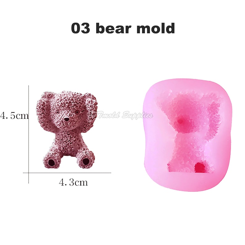 May include: Pink silicone mold for making a small bear-shaped cake or candy. The mold is 4.3 cm wide and 4.5 cm tall. A pink bear-shaped cake is shown next to the mold.