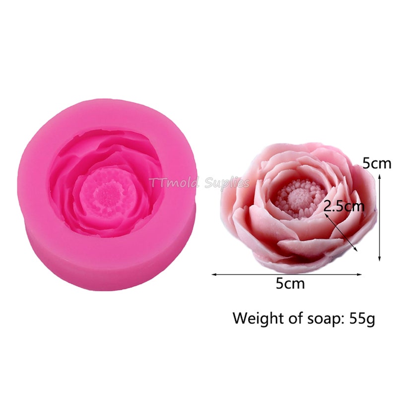May include: Pink silicone mold for making soap in the shape of a flower. The mold is 5 inches in diameter. A finished soap flower is shown next to the mold. The soap flower is 5 inches wide and 2.5 inches tall. The text "Weight of soap: 55g" is printed below the image.