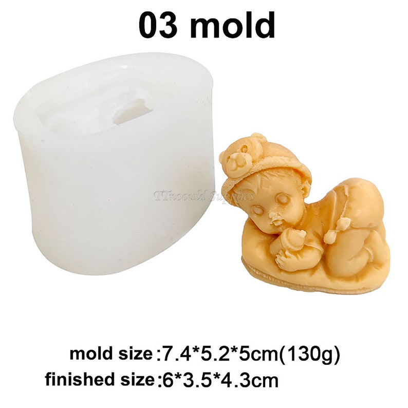 May include: A silicone mould for making a baby figurine. The mould is white and oval shaped. The finished figurine is 6 inches by 3.5 inches by 4.3 inches. The mould size is 7.4 cm by 5.2 cm by 5 cm.