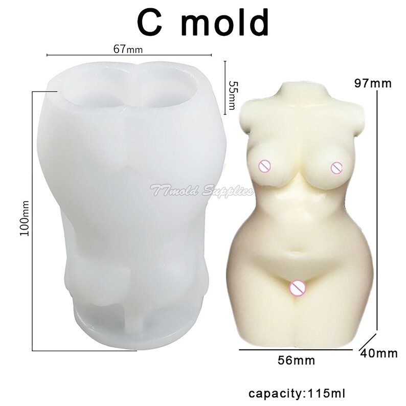 Op de afbeelding: Een witte siliconen mal in de vorm van een vrouwelijk torso. De mal is 10 cm hoog, 6,7 cm breed en 5,5 cm diep. De mal heeft een capaciteit van 115 ml.