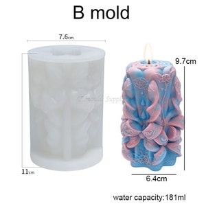 May include: A white silicone candle mold with a textured design. The mold is 7.6 inches in diameter and 11 inches tall. A finished candle is shown next to the mold, with a pink and blue swirl design. The candle is 6.4 cm in diameter and 9.7 cm tall. The text "B mold" and "water capacity: 181 ml" are also visible.