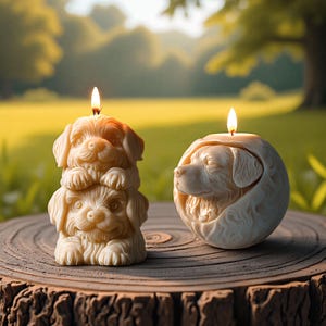 Pode incluir: Duas velas em forma de cão, com pavios acesos, estão numa superfície de madeira. Uma vela é uma pilha de três cachorros, a outra é uma cabeça de cão a emergir de uma esfera. As velas são de cor marfim, num fundo desfocado.