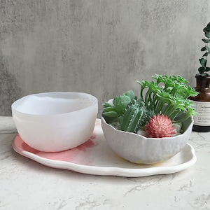 May include: Two white ceramic planter pots, one with a pink base and the other with a gray base. The gray pot has a succulent plant and a pink flower inside. The pots are on a white oval tray.