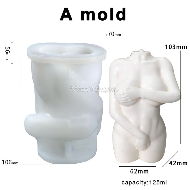 Op de afbeelding: Een witte siliconen mal voor het maken van een kaars in de vorm van een vrouwelijk torso. De mal is 27 cm hoog, 18 cm breed en 11 cm diep. De mal heeft een capaciteit van 125 ml.