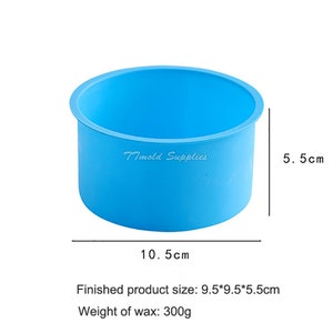 May include: A light blue silicone mold for making candles. The mold is 9.5 inches in diameter and 5.5 inches tall. The finished product will be 9.5 inches in diameter and 5.5 inches tall. The mold is designed to hold 300 grams of wax.