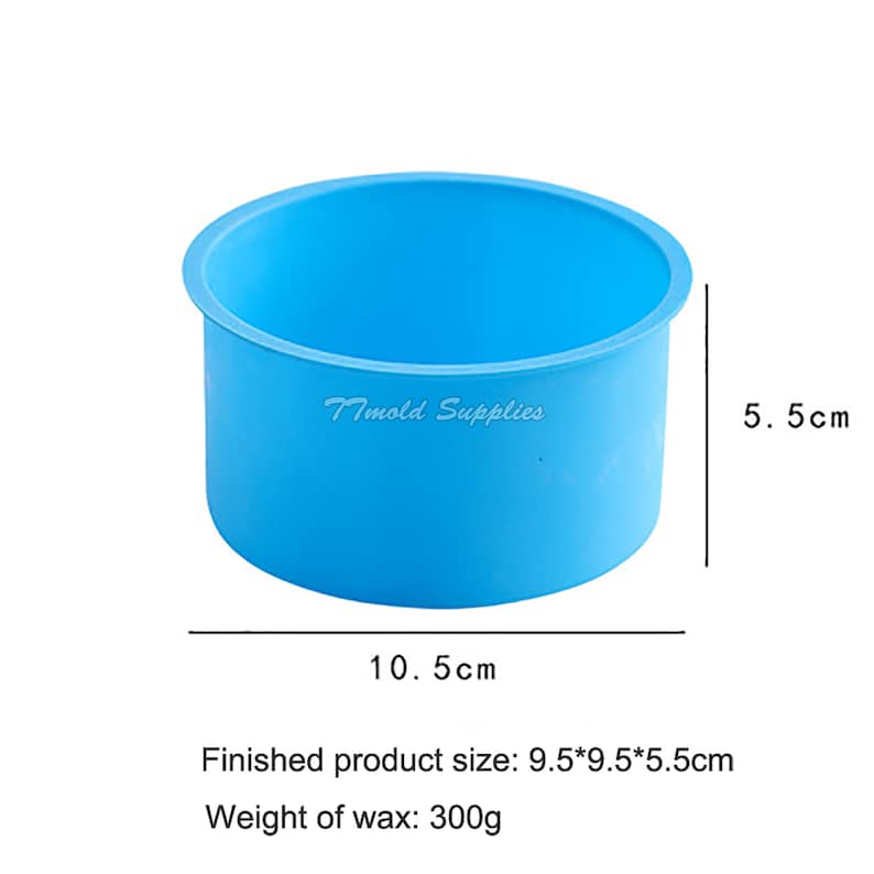 May include: A light blue silicone mold for making candles. The mold is 9.5 inches in diameter and 5.5 inches tall. The finished product will be 9.5 inches in diameter and 5.5 inches tall. The mold is designed to hold 300 grams of wax.