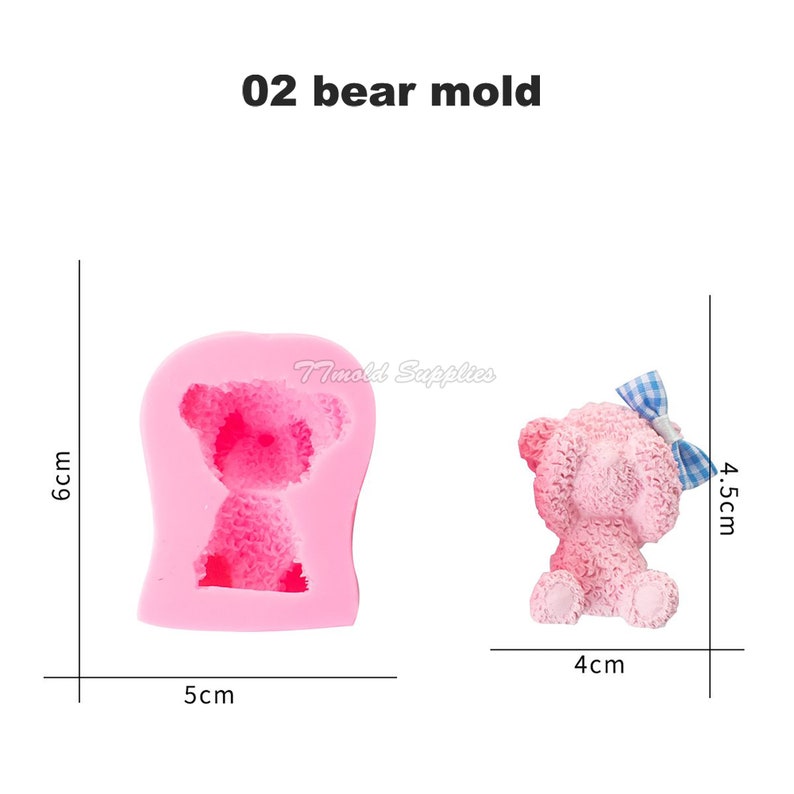 May include: Pink silicone mold for making a teddy bear cake topper. The mold is 6 cm tall and 5 cm wide. The finished teddy bear is 4.5 cm tall and 4 cm wide.