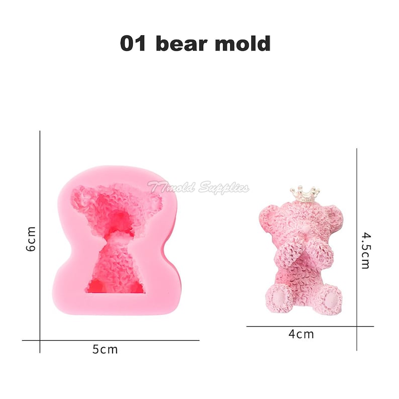 May include: Pink silicone mold for making a teddy bear with a crown. The mold is 6 cm tall and 5 cm wide. The finished teddy bear is 4.5 cm tall and 4 cm wide.