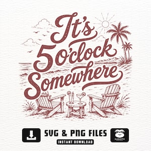 Puede incluir: Diseño gráfico en color marrón y blanco con el texto "It's 5 o'clock Somewhere" sobre una escena de playa con dos sillas, una mesita y bebidas. La imagen incluye palmeras, el sol y el océano.