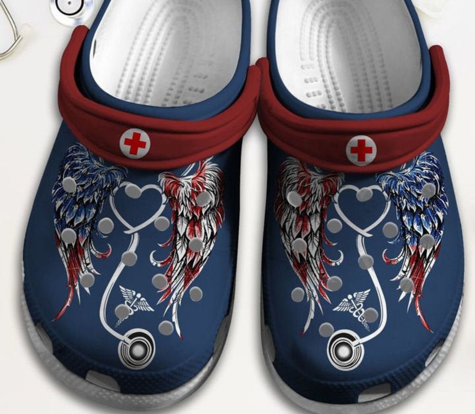 Stethoscope angel wings custom name american nurse crocs | Etsy