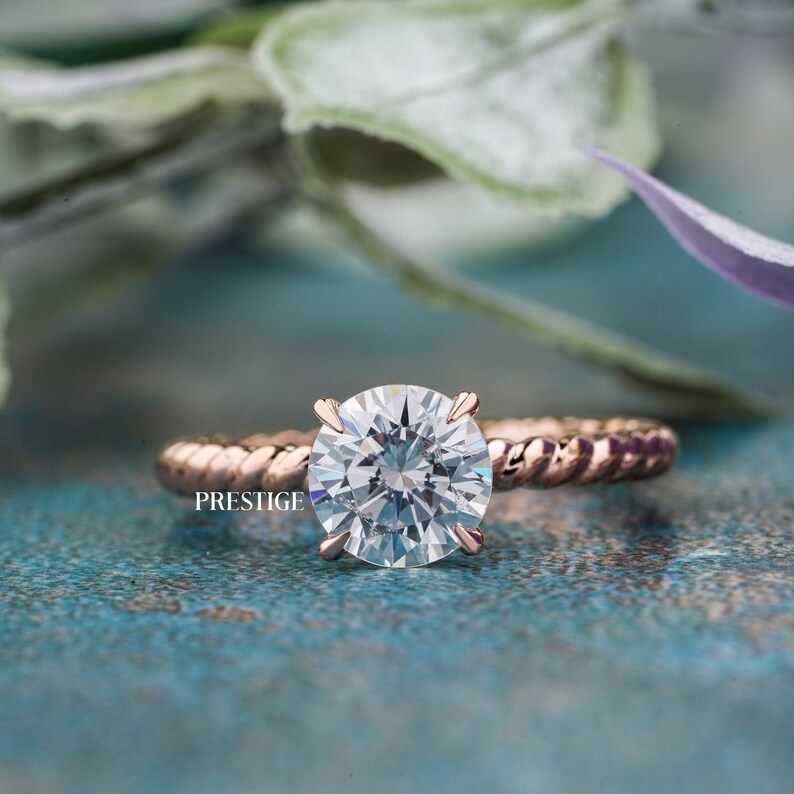 2.5 CT Round Cut Moissanite Ring, 14K Rose Gold Twisted Shank Ring, Twisted rope Engagement ring, Four Prong diamond Bridal Solitaire Ring