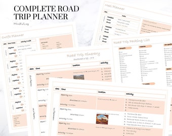 Könnte beinhalten: Ein druckbarer Roadtrip-Planer mit Abschnitten für die Outfit-Planung, eine Packliste, einen Speiseplan und eine Reiseroute. Die Reiseroute enthält eine Liste der Aktivitäten, Orte und geschätzten Fahrzeiten. Der Planer ist im minimalistischen Stil mit Pfirsich- und Weißtönen gestaltet.