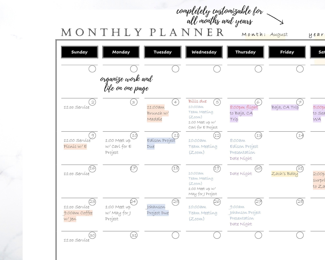 Monthly Planner Printable PDF Instant Download Monthly Schedule ...