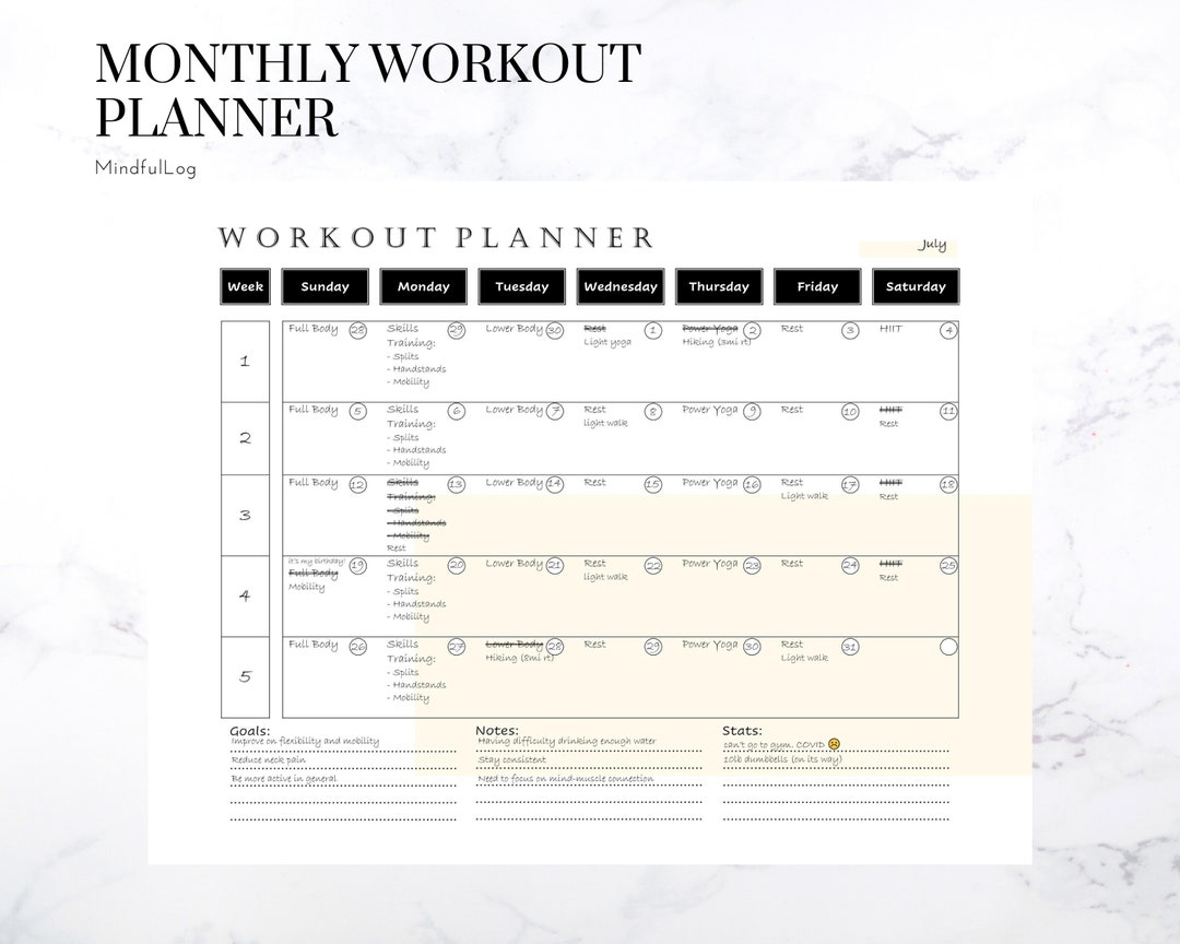 Monthly Workout Planner | Printable PDF | Instant Download | Fitness ...