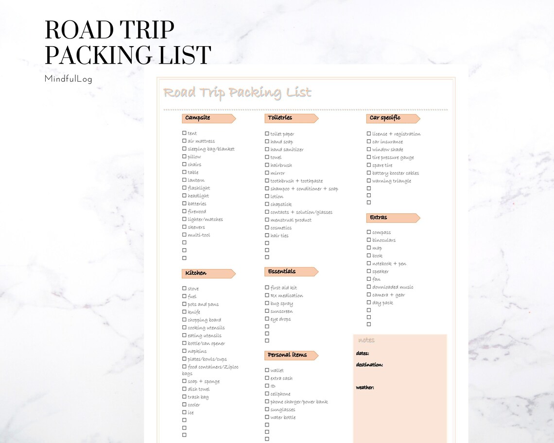 road trip packing list printable pdf instant download etsy