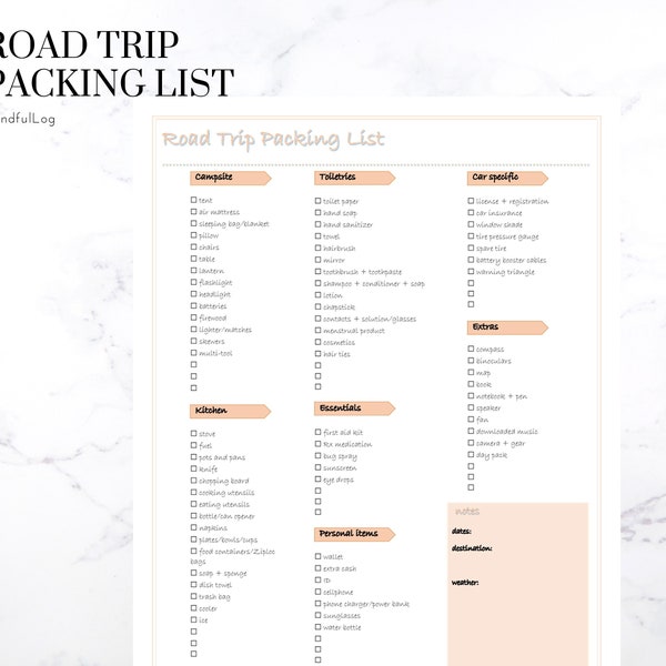 Road Trip Packing List | Printable PDF | Instant Download | Camping Essentials | Complete List | Cooking | Vacation | Travel Organizer